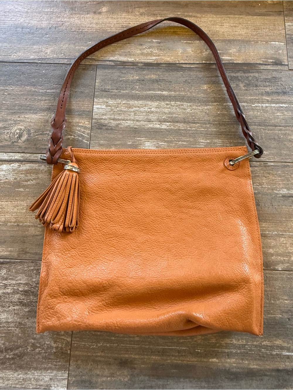 Brighton Piper Slim Embossed Leather Shoulder Purse Bag w Tassel, Orange and Tan - Picture 2 of 13
